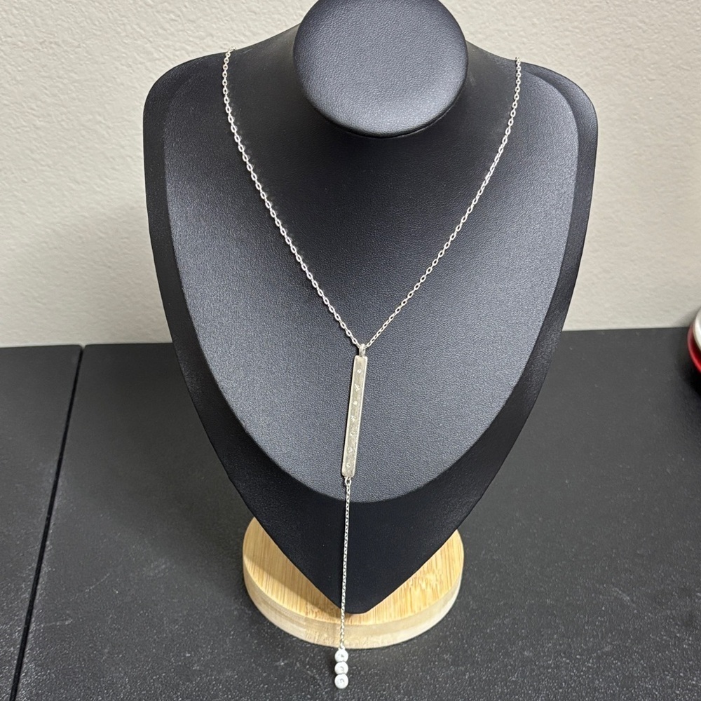 Lucky Brand Silver Tone Dainty Long Boho Rhinestone Lariat Necklace